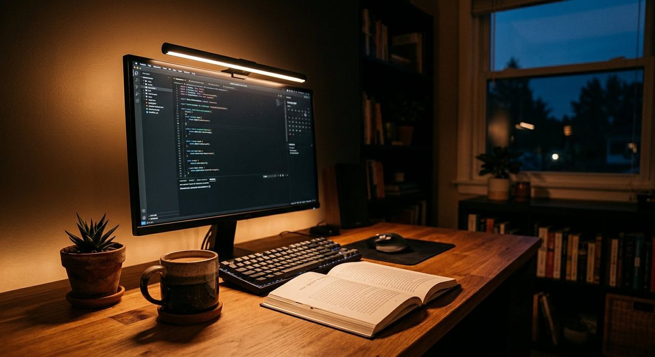 Warm desk lighting setup at dusk
