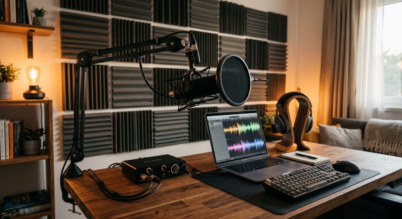 Home podcasting corner with microphone and acoustic panels