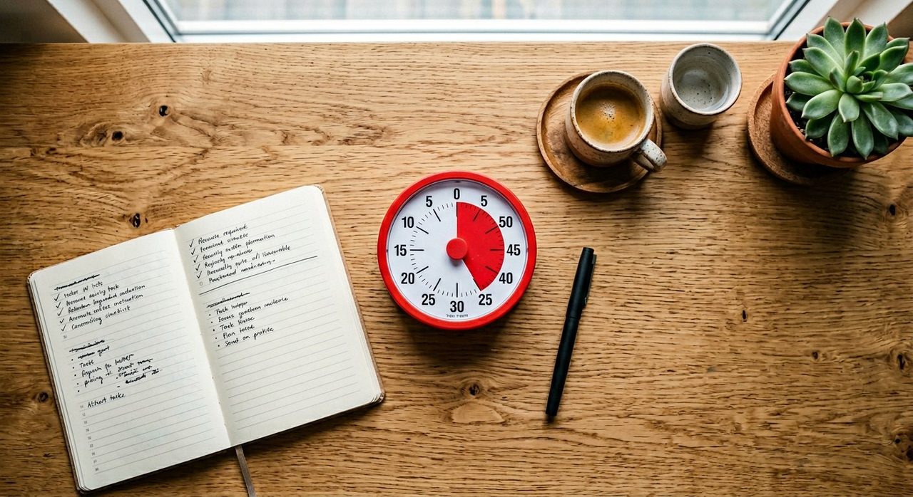 Visual analog timer on a wooden desk with notebook