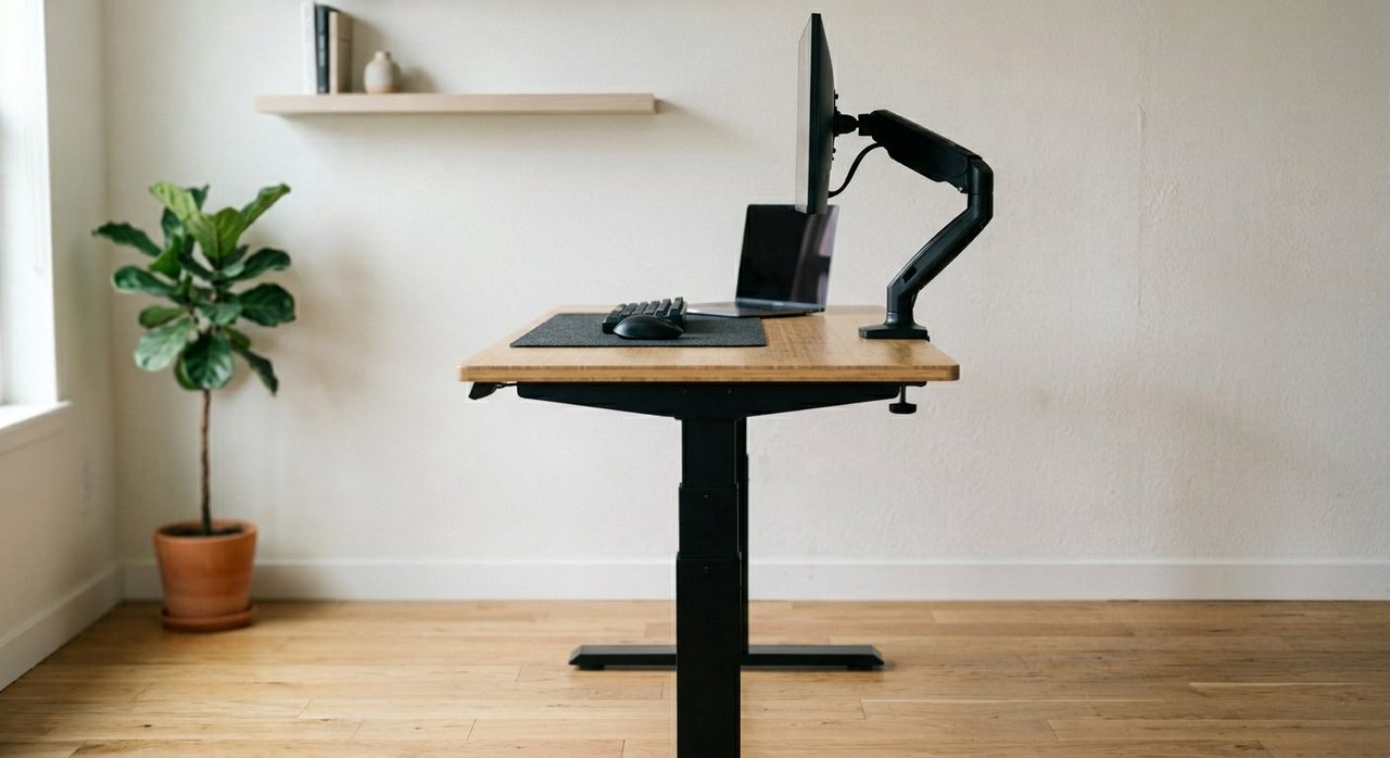 Modern electric standing desk with bamboo top