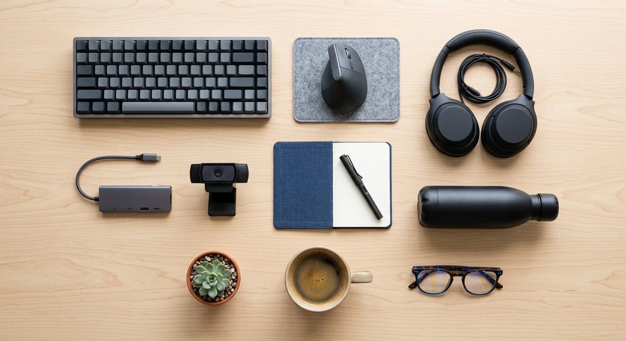 Flat-lay of work from home essentials